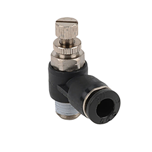 Pneumatic Fitting 1/8 NPT Male to 1/4 Tube Elbow Flow Valve - am-2897 - Meter=OUT = allows flow towards Tube - migrated