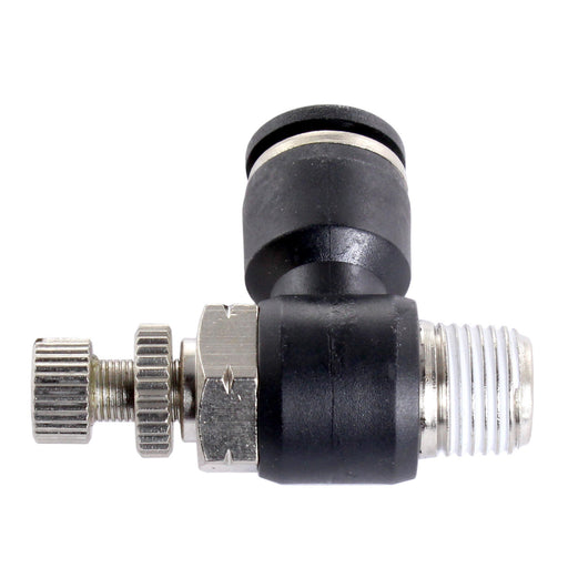 Pneumatic Fitting 1/8 NPT Male to 1/4 Tube Elbow Flow Valve - am-4827 - Meter=IN = allows flow towards NPT - migrated